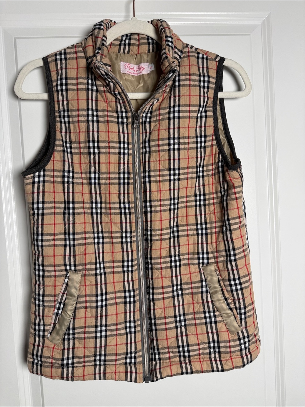 Pink Lily Beige Plaid Quilted  Vest